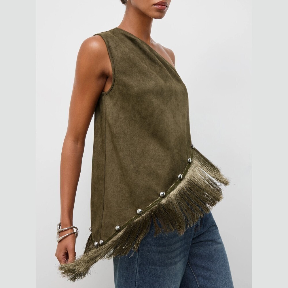 Olive Green Faux Suede Studded Fringe Asymmetrical Top - Picture 7 of 8